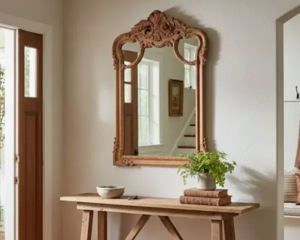 Entrada con puerta doble de madera, espejo ornamentado y consola rústica. Dicen que es malo tener un espejo frente a la puerta, pero este refleja la luz y el exterior.