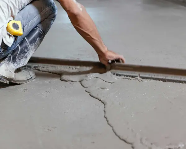 Obrero trabajando para hacer suelo de cemento sobre tierra, alisando la superficie con una llana.
