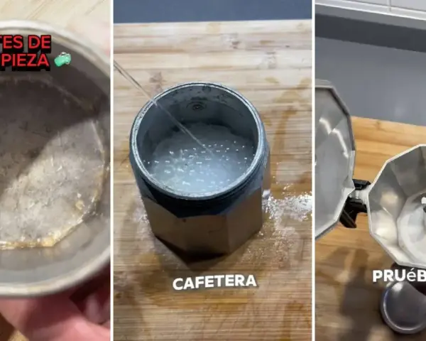 Proceso para limpiar cafetera italiana. Muestra el antes, el proceso con agua y el resultado final.