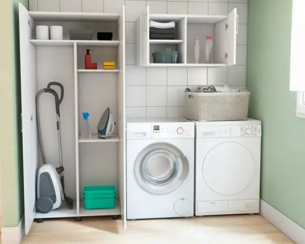 Lavaderos ideas: aspiradora, plancha, cestas y lavadora/secadora en un espacio organizado.