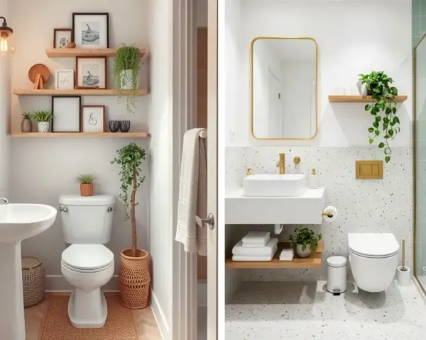 Dos baños pequeños con encanto: uno con estantes de madera y plantas, otro moderno con espejo dorado y ducha.