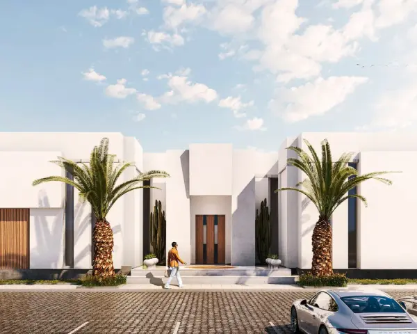 Un hombre camina hacia una casa moderna con palmeras. Se necesita proyecto para hacer un garaje.