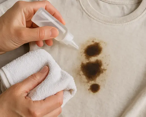 Manos aplicando líquido a una mancha de aceite en ropa beige, con un paño blanco listo para frotar. Aprende como quitar manchas de aceite de la ropa.