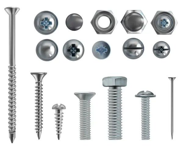 Variedad de tipos de cabezas de tornillos y tuercas, incluyendo Phillips, ranurados y hexagonales, listos para cualquier proyecto.