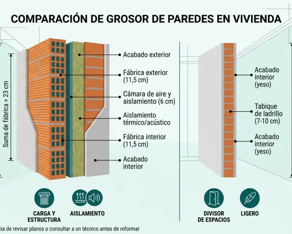 Comparación de grosor de paredes en vivienda. Muestra cómo saber el grosor de una pared con diferentes capas de construcción.