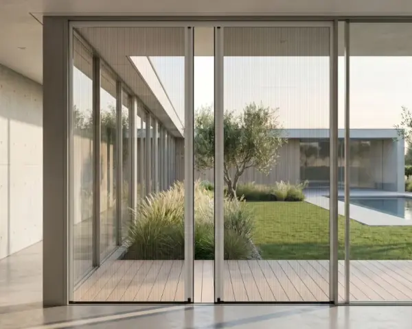 Modern home with large glass doors, perfect for installing mosquiteras and enjoying the garden and pool without insects.
