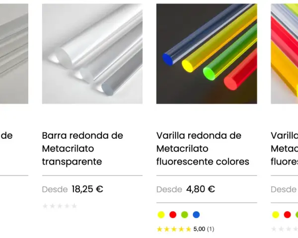 Varillas y barras de metacrilato, transparentes y fluorescentes. El plexiglás significado en variedad de formas y colores.