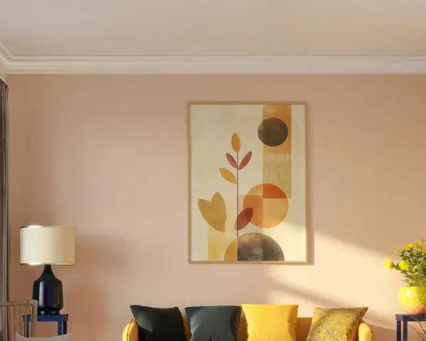 Paredes en tono melocotón, perfectas para saber como pintar mi casa por dentro colores de moda. Sofá amarillo y arte abstracto.