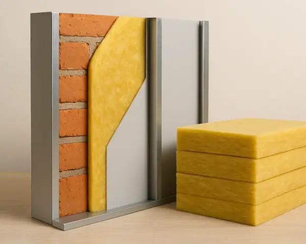 Sección de muro con ladrillos, aislamiento de fibra de vidrio y panel metálico. Bloques de fibra de vidrio apilados, demostrando sus propiedades aislantes.