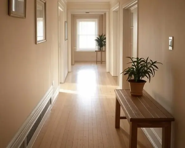 Ideas para como colocar cuadros en un pasillo largo y estrecho: dos cuadros en la pared, una planta y un banco de madera.
