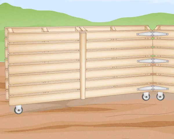 Estructura de madera apilada con ruedas y bisagras, mostrando cómo anclar palets al suelo para crear estanterías resistentes.