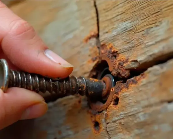 Mano girando un tornillo oxidado en madera agrietada. Se desatornilla hacia la izquierda.