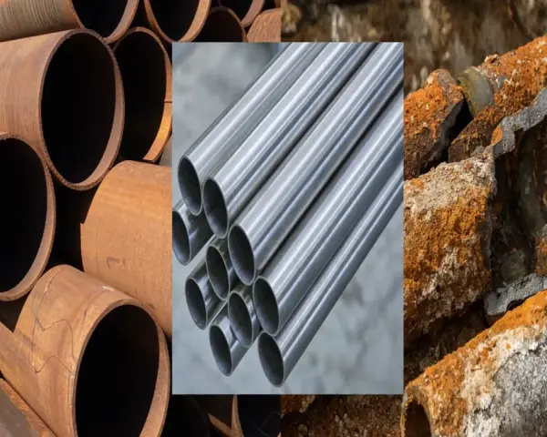 Tubos oxidados y corroídos, mostrando la diferencia entre corrosión y oxidación. Tubos nuevos y dañados.