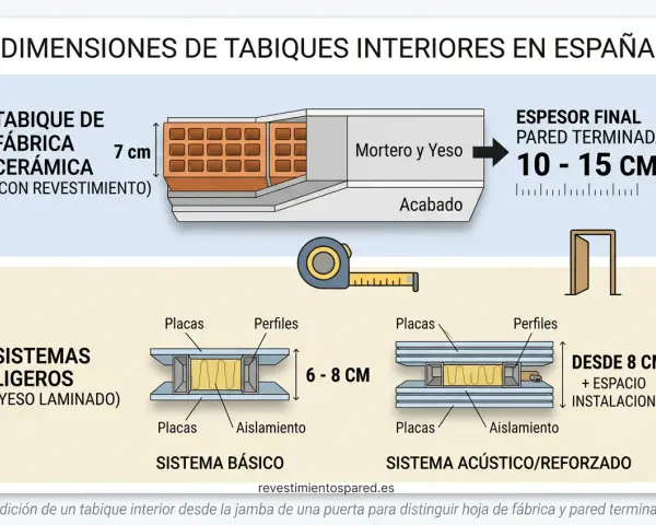 Ilustración compara el grosor tabique entre viviendas: ladrillo cerámico (7 cm), sistemas ligeros (6-8 cm) y acústicos (desde 8 cm).