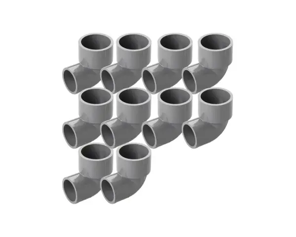Diez codos de PVC grises, accesorios para tuberías de presión, dispuestos en un patrón escalonado.