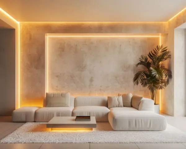 Un salón moderno con sofá blanco, alfombra mullida y una iluminación ambiental cálida que realza la textura de la pared. Una planta aporta vida.