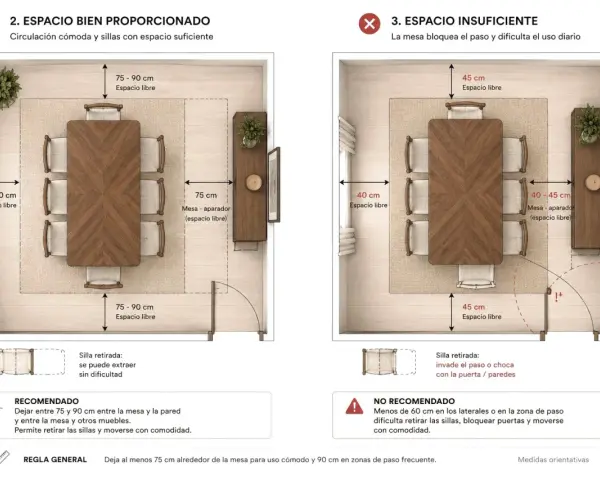 Comparativa de espacio: mesa de comedor con 75-90 cm libres alrededor para circulación cómoda, vs. espacio insuficiente con solo 40-45 cm.