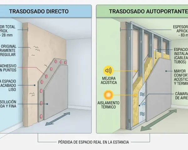Comparativa de trasdosados: directo (22.5-28mm) y autoportante (63-83mm+). El grosor muros exteriores casa varía según el sistema.