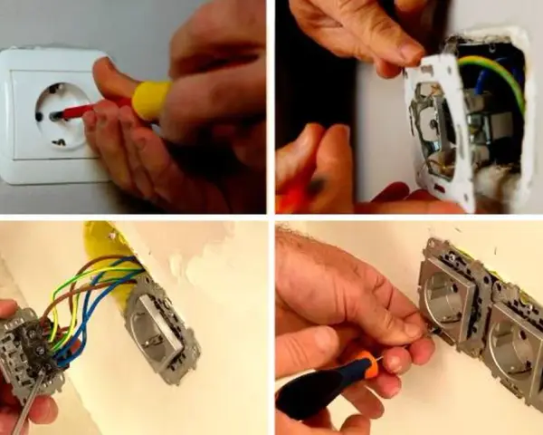Manos trabajando para cambiar enchufe antiguo por uno nuevo. Se ve el proceso de desmontaje y conexión de cables.