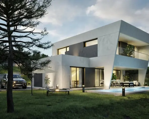 Casa moderna con piscina y jardín. ¿Cuanto dura una casa prefabricada? Esta parece hecha para durar.