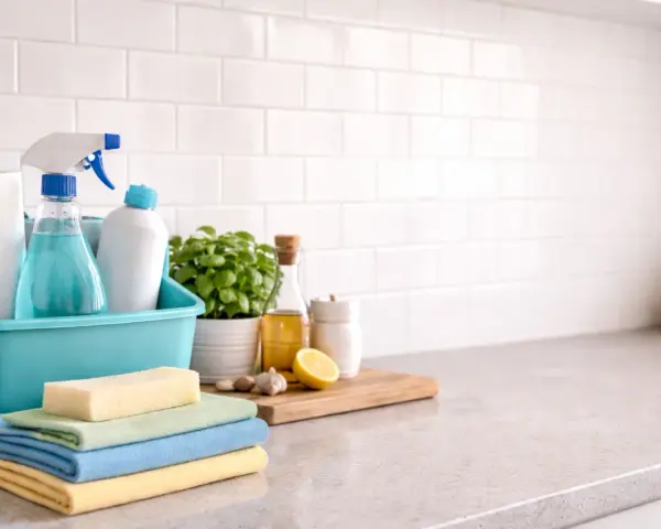 Todo lo necesario para saber como limpiar azulejos baño: esponjas, toallas, spray limpiador, planta y limón.