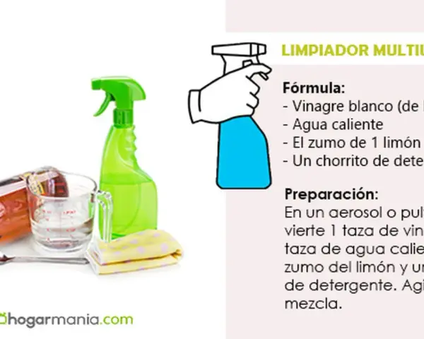 Receta para un limpiador multiusos: vinagre blanco, agua caliente, limón y detergente.