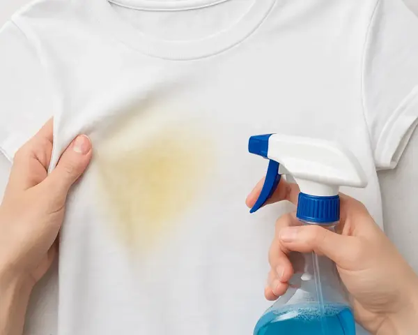 Manos rocían una camiseta blanca con una mancha amarilla, mostrando cómo quitar manchas amarillas en seco.