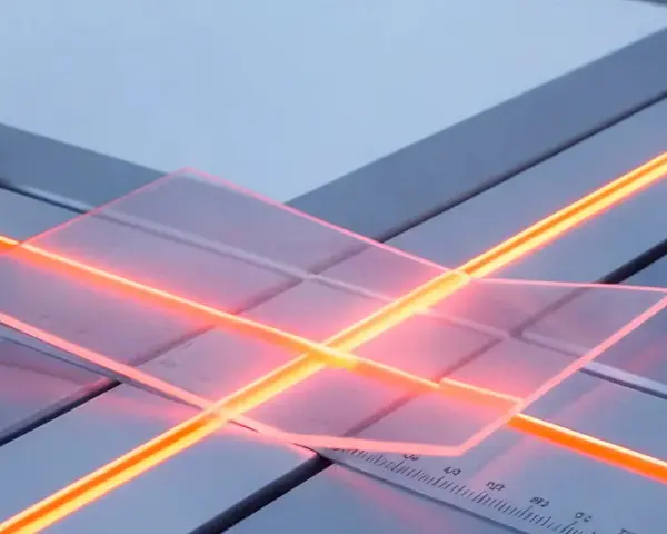 Manos sujetan metacrilato transparente sobre una guía con luces naranjas, preparándolo para moldear.