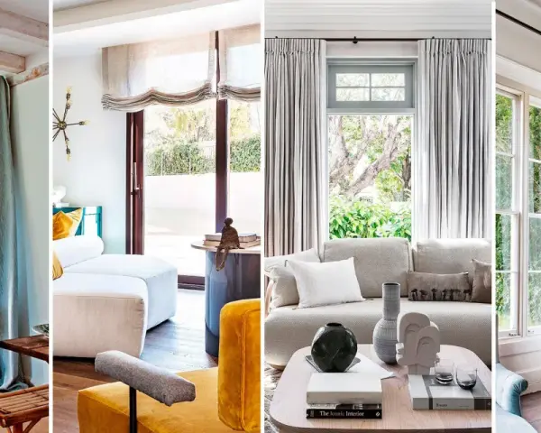Cuatro escenas de interiores que muestran formas originales de colgar cortinas: azules vaporosas, romanas de lino, grises plisadas y estampadas florales.