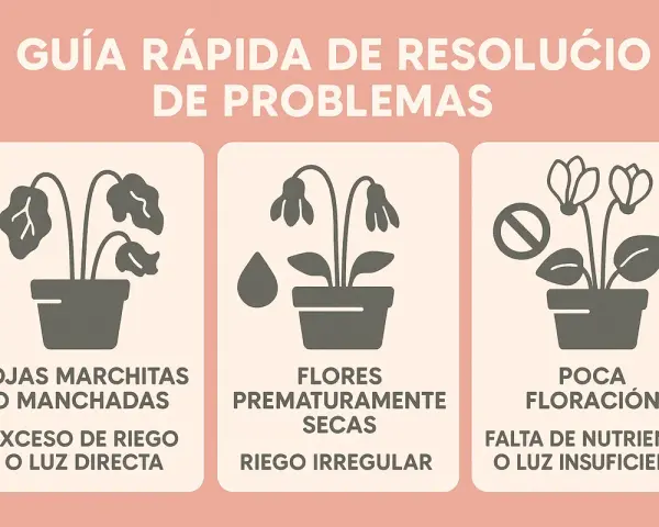 Guía de problemas de plantas: hojas marchitas, flores secas y poca floración. Si tu ciclamen tiene hojas amarillas, puede ser por falta de nutrientes o luz.