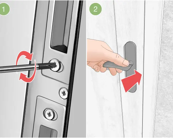 Paso 1: usar destornillador para ajustar tornillos de cerradura. Paso 2: mover manilla para ajustar puerta PVC descolgada.