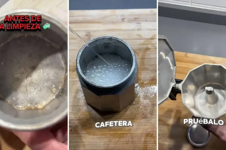 Proceso para limpiar cafetera italiana. Muestra el antes, el proceso con agua y el resultado final.