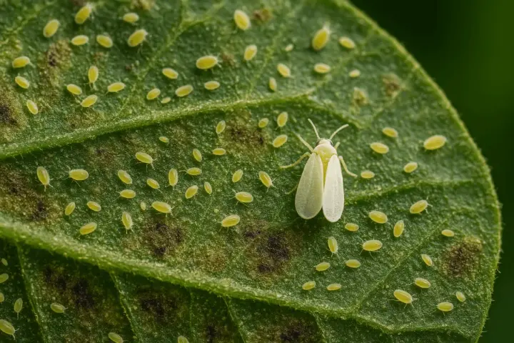 Una mosca blanca adulta y muchas ninfas cubren una hoja verde, indicando una infestación en las plantas.