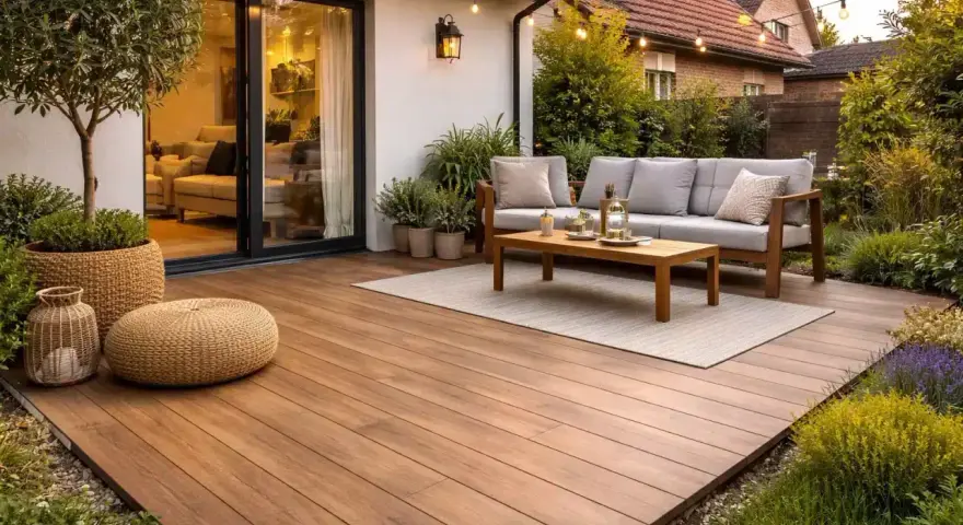 Terraza de madera con muebles de exterior, perfecta para disfrutar del verano. Un ejemplo de cómo nivelar un suelo exterior para crear un espacio acogedor.