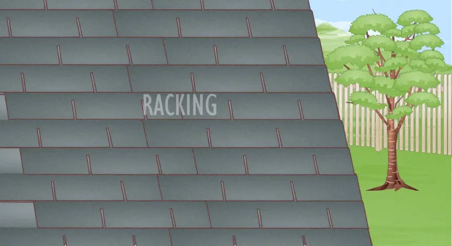 Detalle de cómo poner tejas en un tejado. Se ve el patrón de "racking" en las tejas grises.