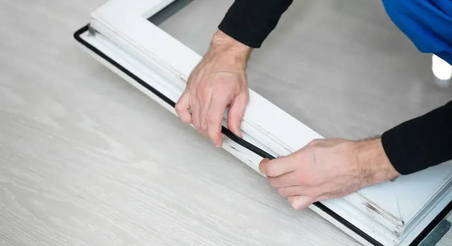 Man installing a black rubber seal on a white window frame, demonstrating como poner burletes en ventanas correderas.