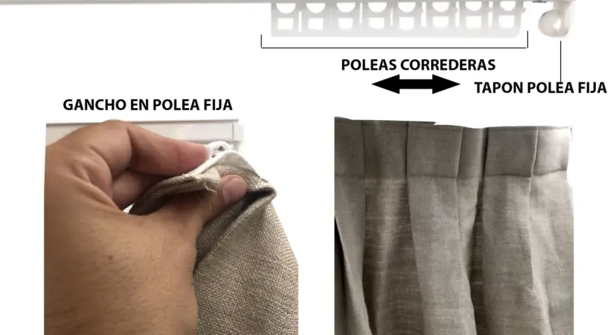 Detalle de cómo colgar cortinas: gancho en polea fija y poleas correderas en riel.