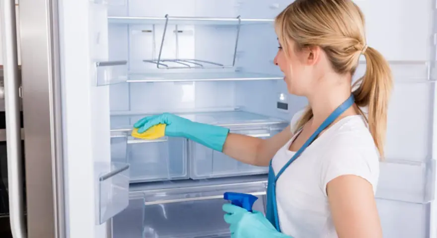 Mujer con guantes azules limpia el interior de una nevera vacía con una esponja amarilla y spray.