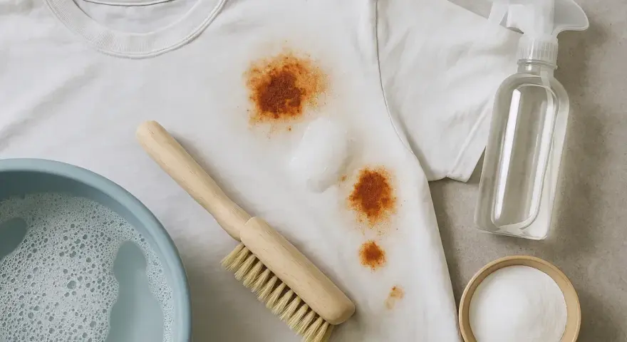 Prepara tu ropa de color para quitar manchas de óxido con un cepillo, jabón y bicarbonato.