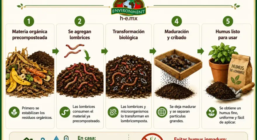 Proceso de fabricación de humus de lombriz: materia orgánica, lombrices, transformación biológica, maduración y cribado, y humus listo para usar. El humus de lombriz sirve para nutrir tus plantas.