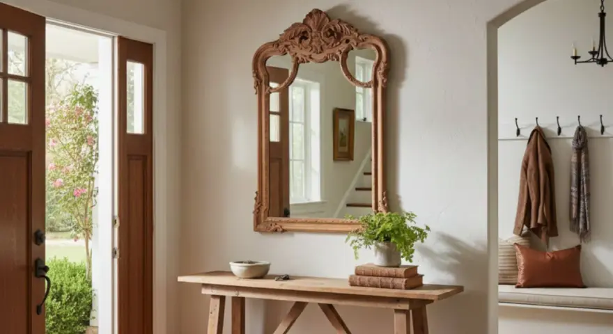 Entrada con puerta doble de madera, espejo ornamentado y consola rústica. Dicen que es malo tener un espejo frente a la puerta, pero este refleja la luz y el exterior.