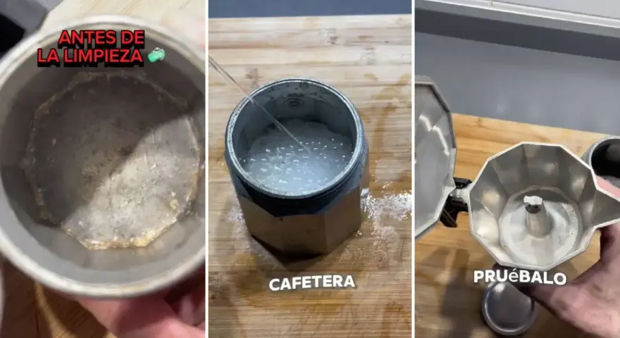 Proceso para limpiar cafetera italiana. Muestra el antes, el proceso con agua y el resultado final.
