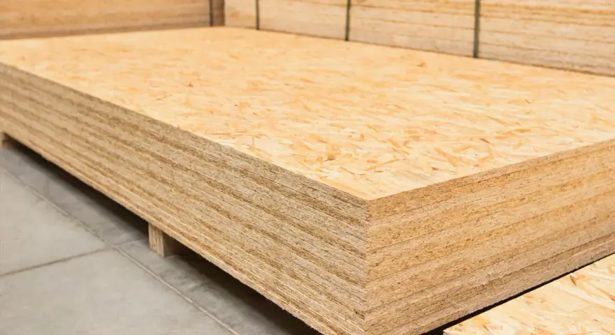 Una pila de tableros de OSB, un material de construcción versátil.
