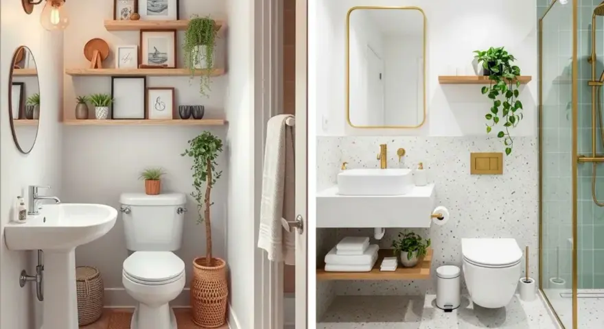 Dos baños pequeños con encanto: uno con estantes de madera y plantas, otro moderno con espejo dorado y ducha.