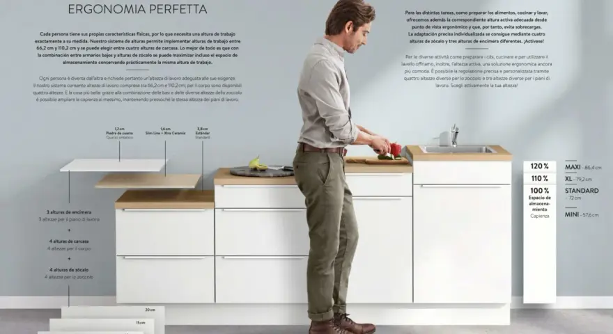 Hombre preparando comida en una cocina modular con diferentes opciones de altura de barra de cocina para una ergonomía perfecta.
