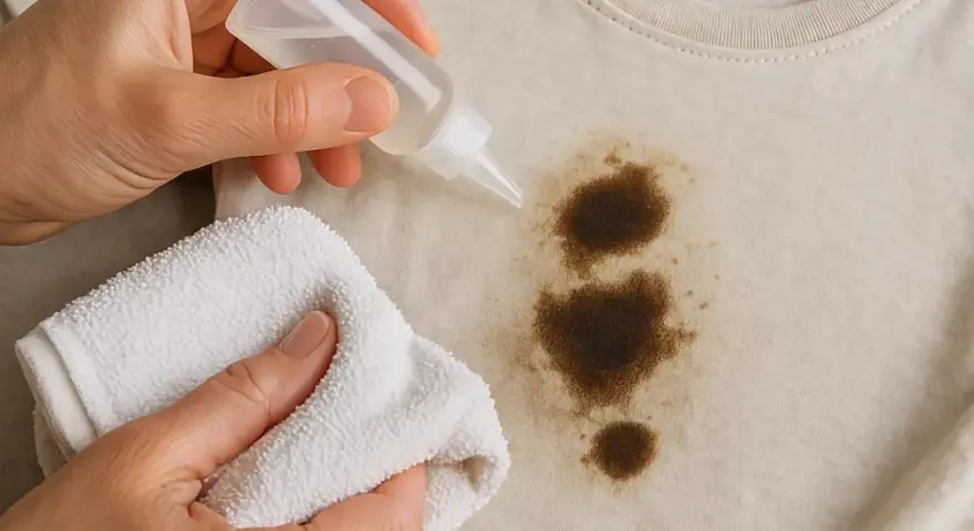 Manos aplicando líquido a una mancha de aceite en ropa beige, con un paño blanco listo para frotar. Aprende como quitar manchas de aceite de la ropa.