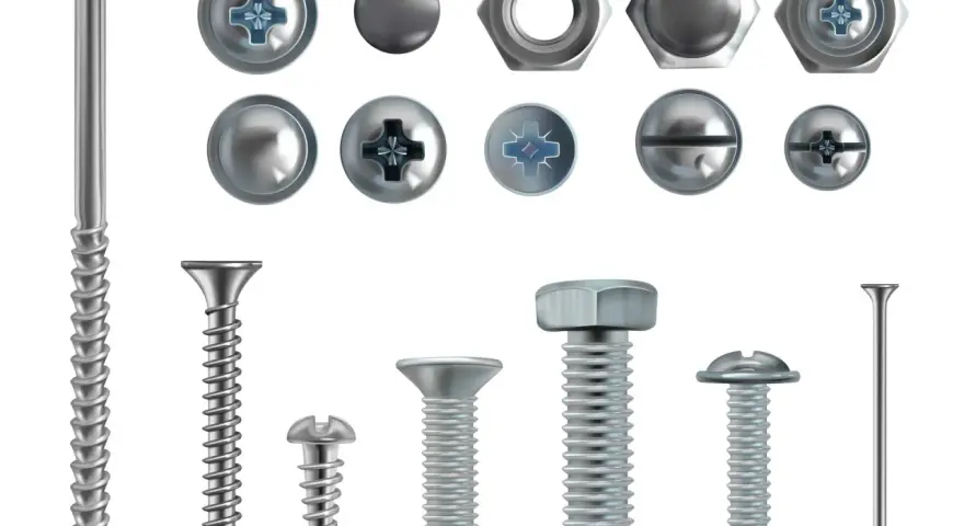 Variedad de tipos de cabezas de tornillos y tuercas, incluyendo Phillips, ranurados y hexagonales, listos para cualquier proyecto.