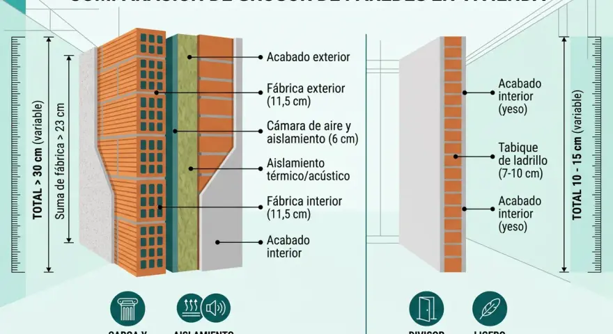 Comparación de grosor de paredes en vivienda. Muestra cómo saber el grosor de una pared con diferentes capas de construcción.