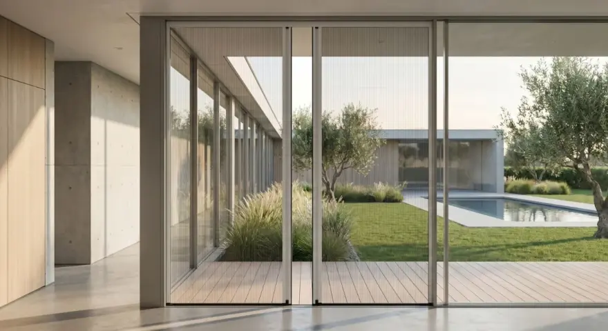 Modern home with large glass doors, perfect for installing mosquiteras and enjoying the garden and pool without insects.