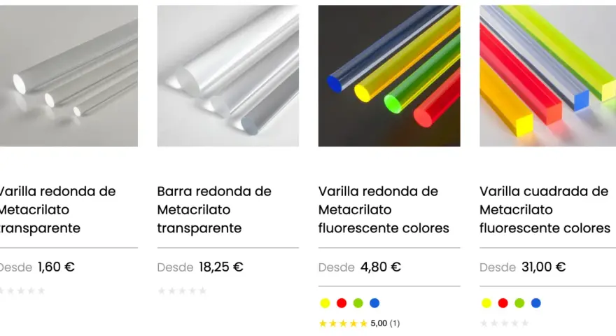 Varillas y barras de metacrilato, transparentes y fluorescentes. El plexiglás significado en variedad de formas y colores.
